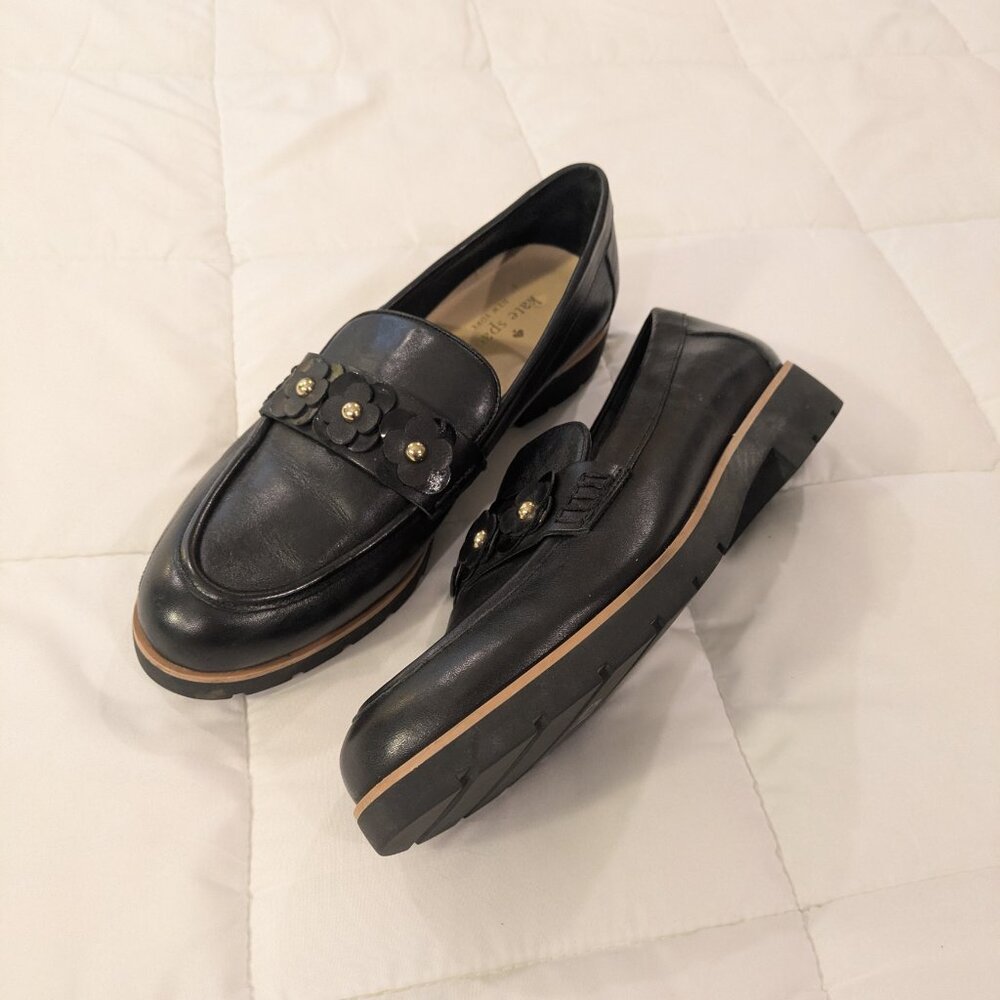 Kate Spade flower leather black loafers dress shoes size 8.5